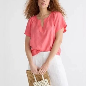 J. Crew Linen V Neck Short Sleeve Blouse in Coral Pink